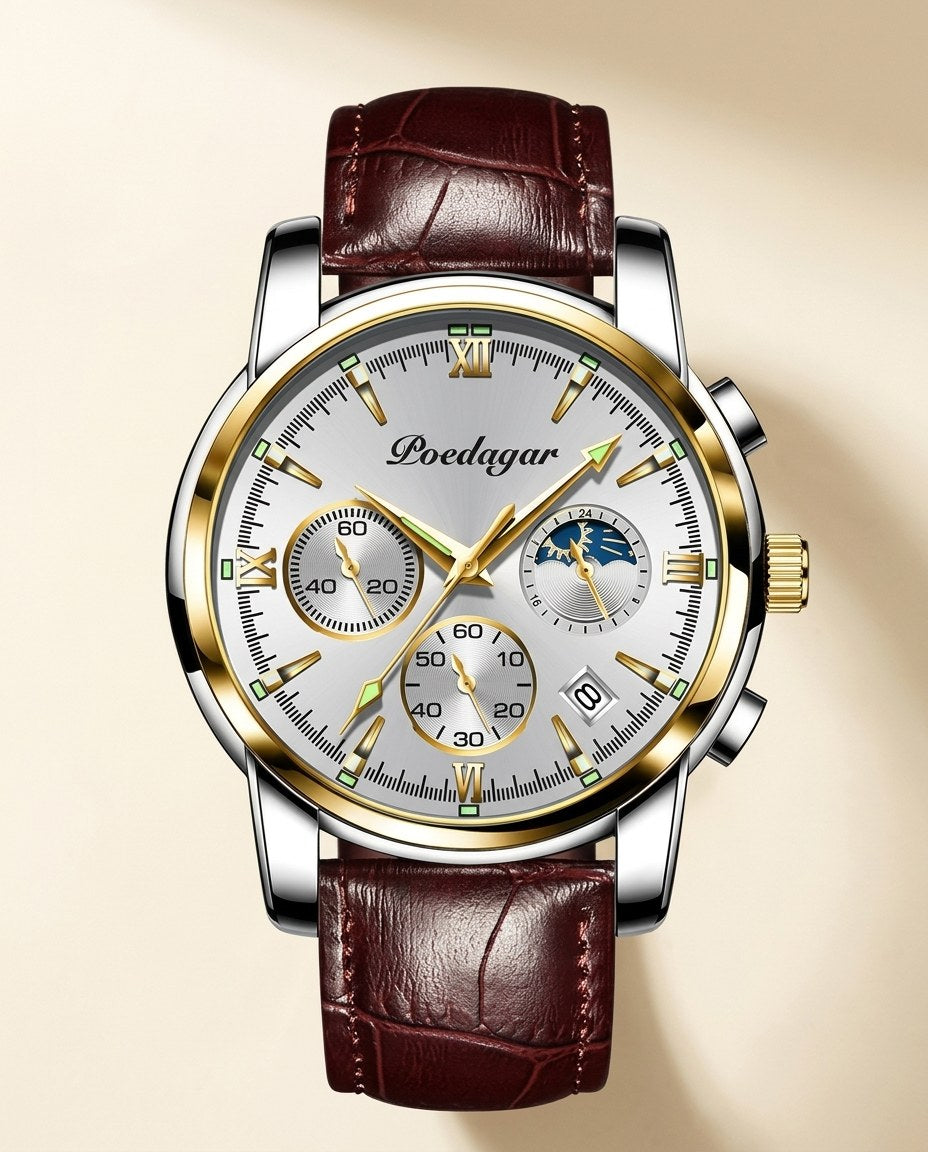 Heritage Moonphase Chronograph (Leather) Gold case, White dial front