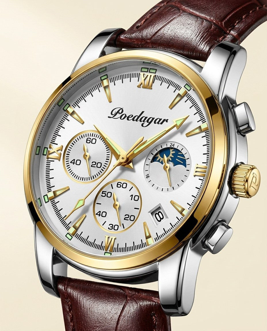Heritage Moonphase Chronograph (Leather) Gold case, White dial dial close-up