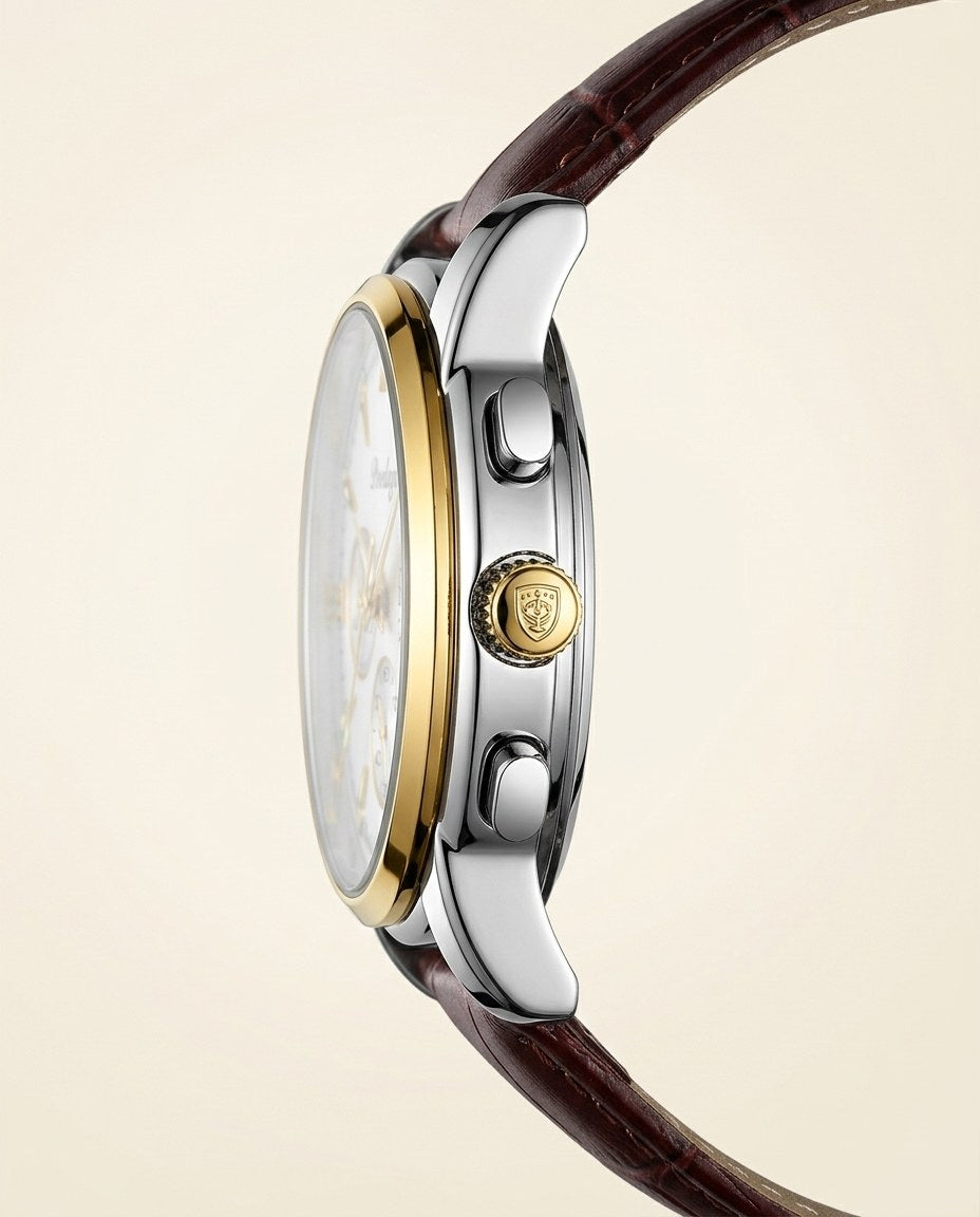 Heritage Moonphase Chronograph (Leather) Gold case, White dial crown side