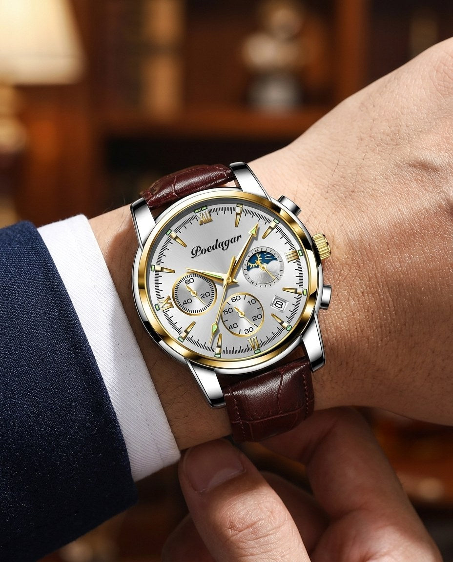 Heritage Moonphase Chronograph (Leather) Gold case, White dial on the wrist