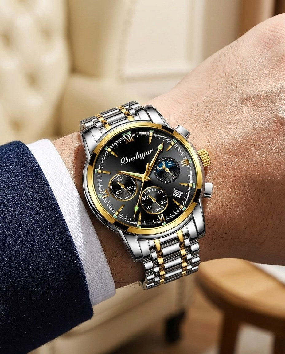 Heritage Moonphase Chronograph (Steel) Gold case, Black dial on the wrist