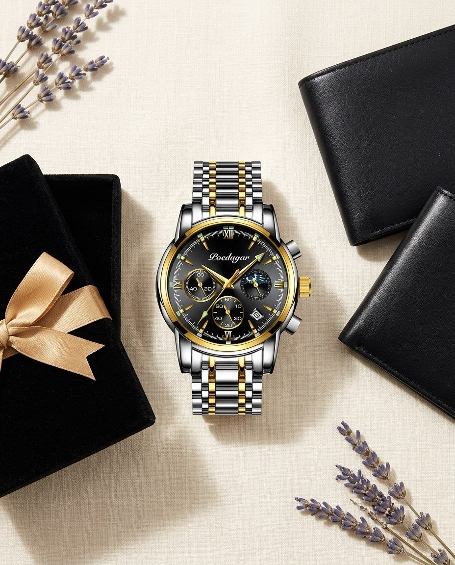 Heritage Moonphase Chronograph (Steel) Gold case, Black dial flat lay