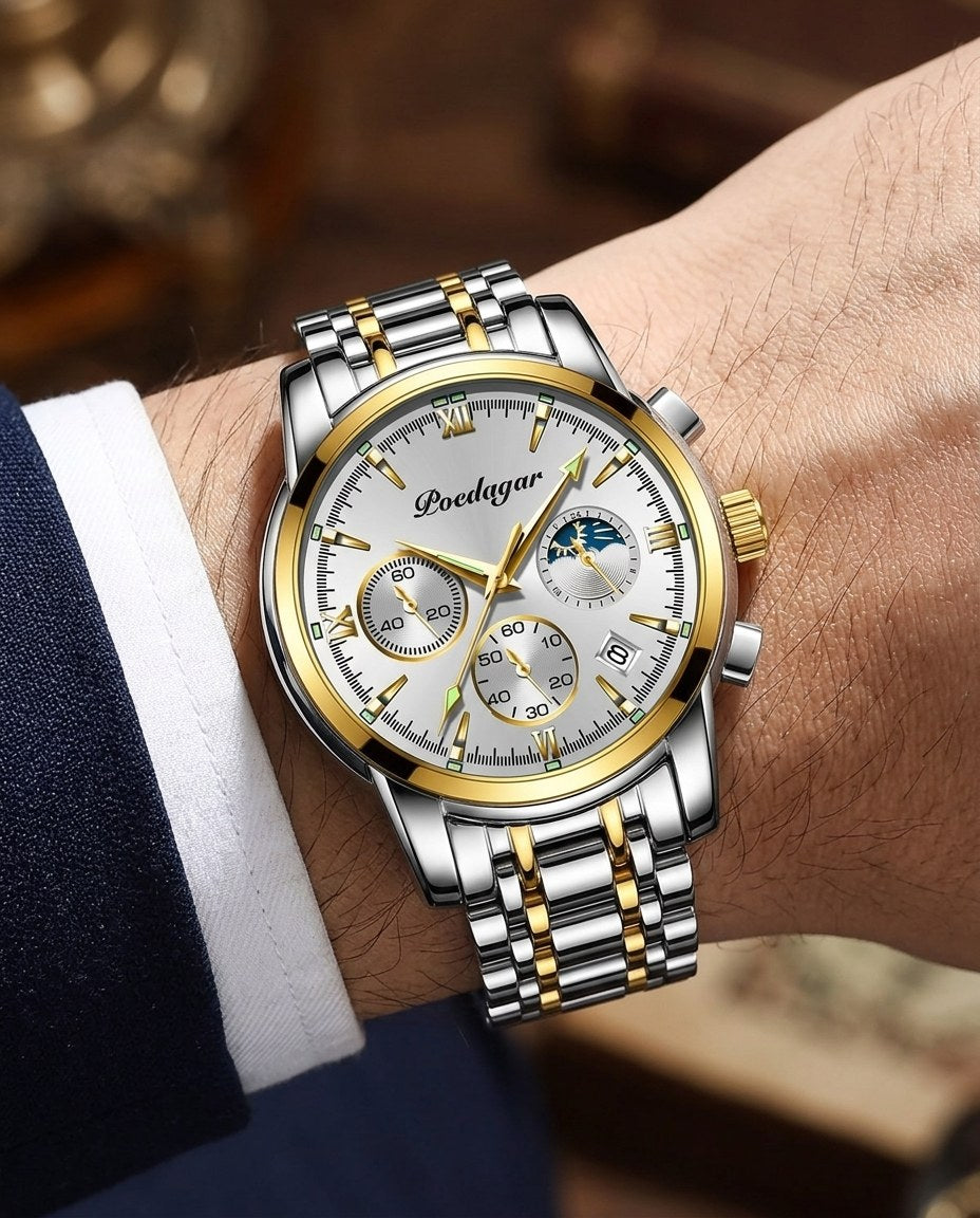 Heritage Moonphase Chronograph (Steel) Gold case, White dial on the wrist