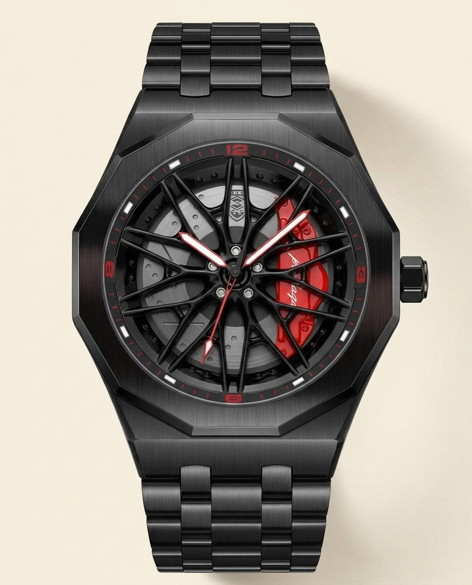 Black Rim Sport Black case, Red dial front