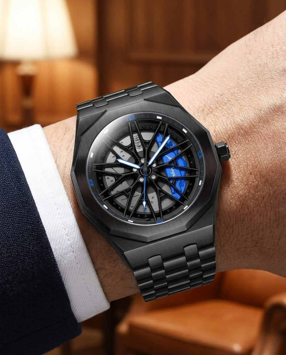 Black Rim Sport Black case, Blue dial on the wrist