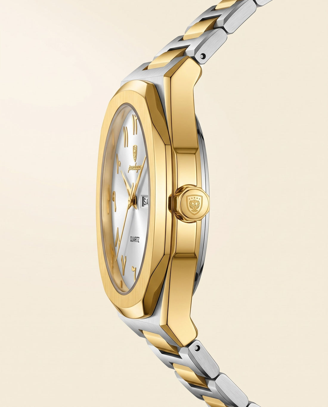 Sultan Arabic Dial Day-Date Gold case, White dial crown side