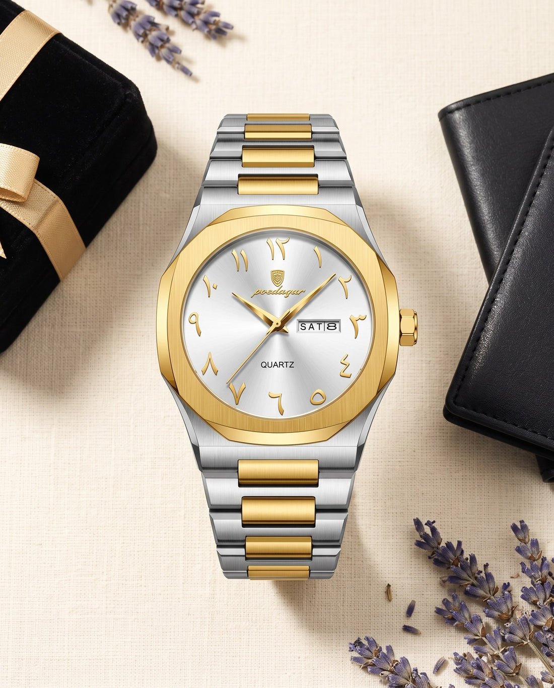 Sultan Arabic Dial Day-Date Gold case, White dial flat lay