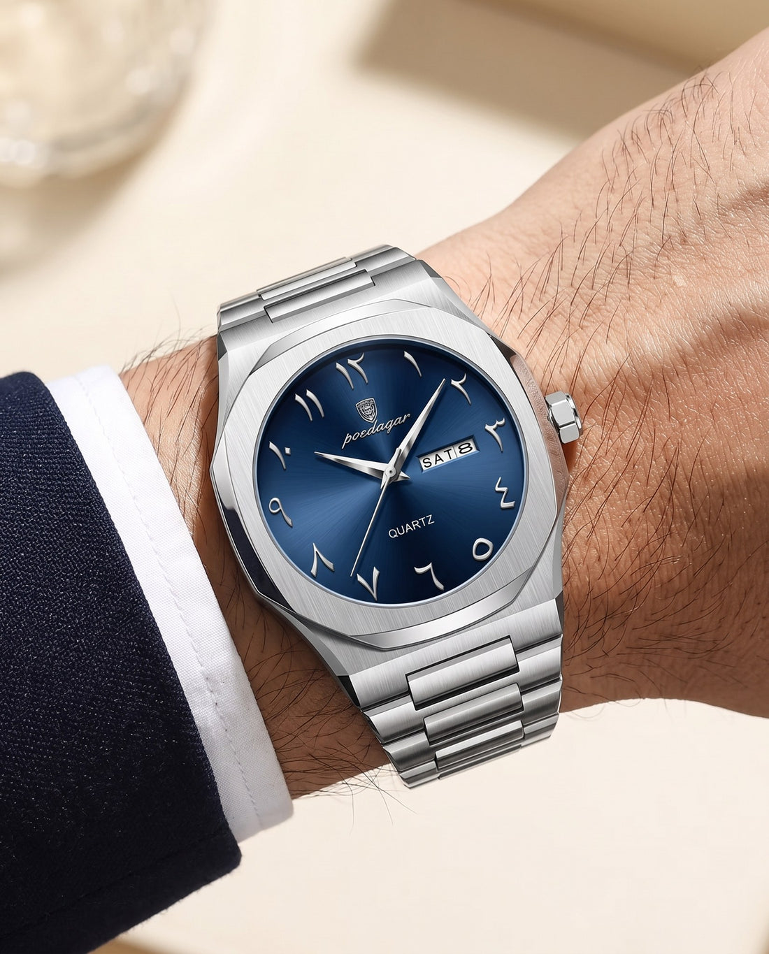Sultan Arabic Dial Day-Date Silver case, Blue dial on the wrist