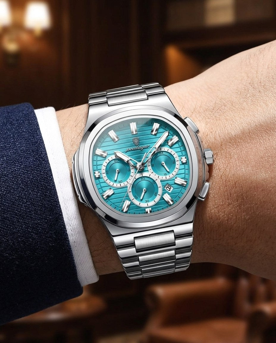 Regal Steel Chronograph Silver case, Teal dial on the wrist