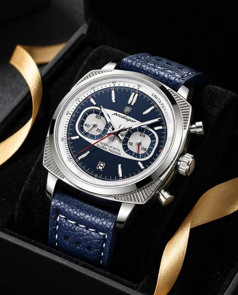 Racing Panda Chronograph Silver case, Blue dial in the gift box