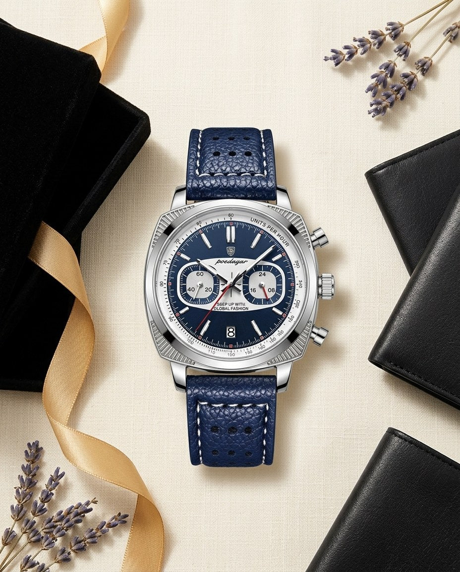 Racing Panda Chronograph Silver case, Blue dial flat lay