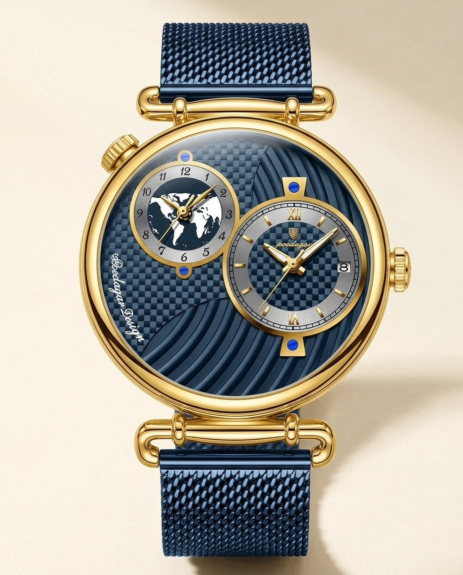Globe Dual-Dial Mesh Gold case, Blue dial front