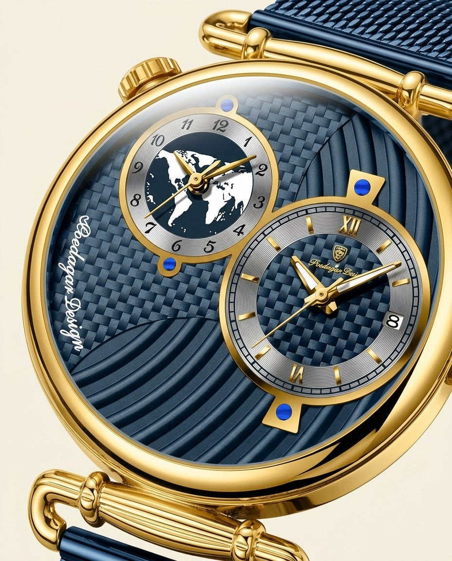 Globe Dual-Dial Mesh Gold case, Blue dial dial close-up