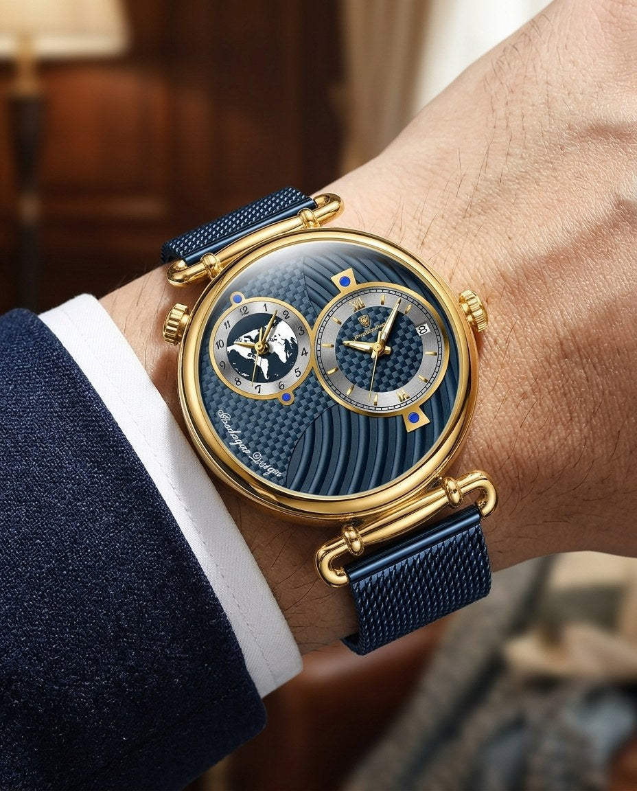 Globe Dual-Dial Mesh Gold case, Blue dial on the wrist