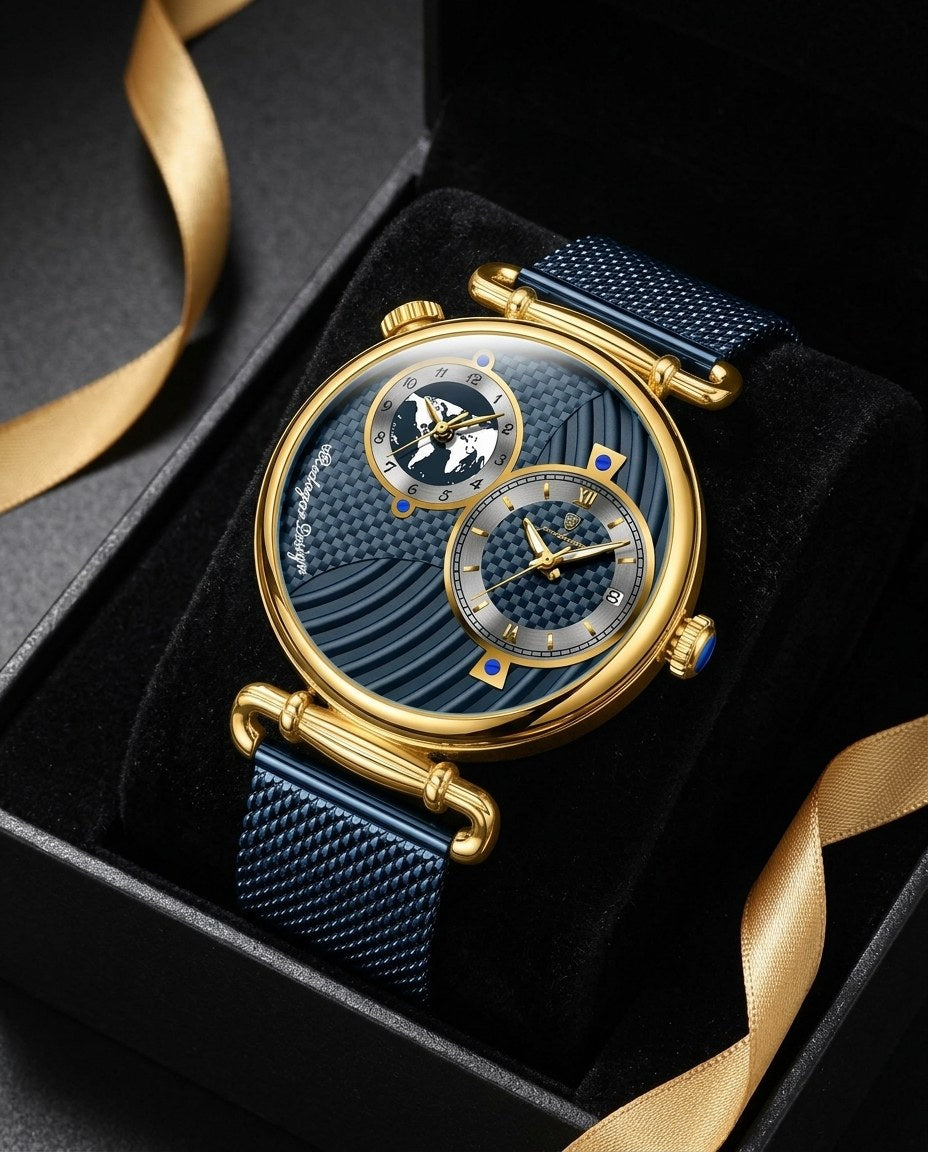 Globe Dual-Dial Mesh Gold case, Blue dial in the gift box
