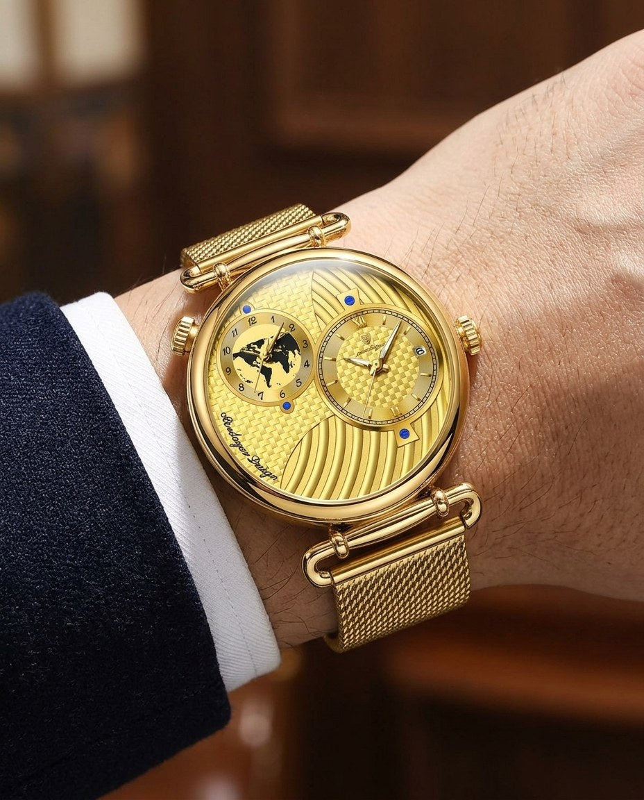 Globe Dual-Dial Mesh Gold case, Gold dial on the wrist