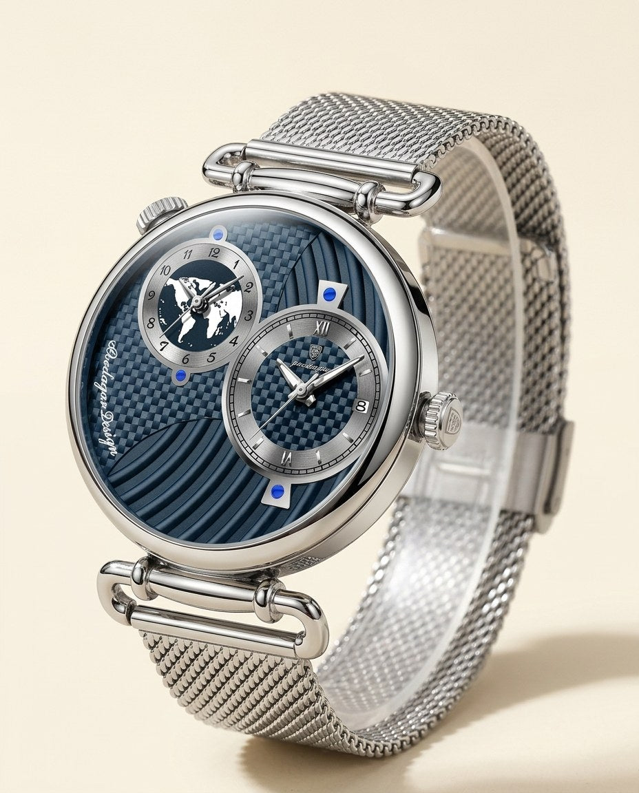 Globe Dual-Dial Mesh Silver case, Blue dial