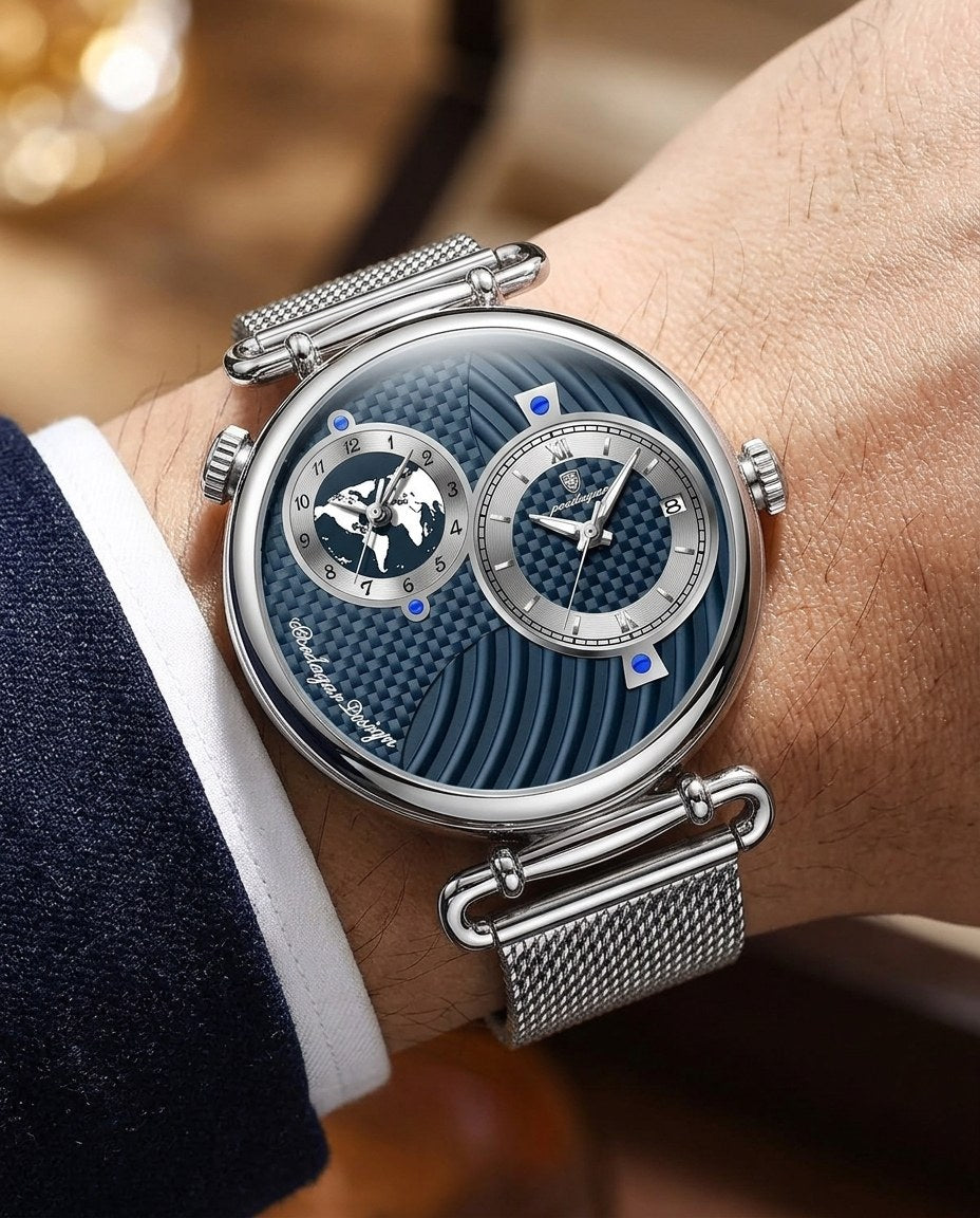 Globe Dual-Dial Mesh Silver case, Blue dial on the wrist