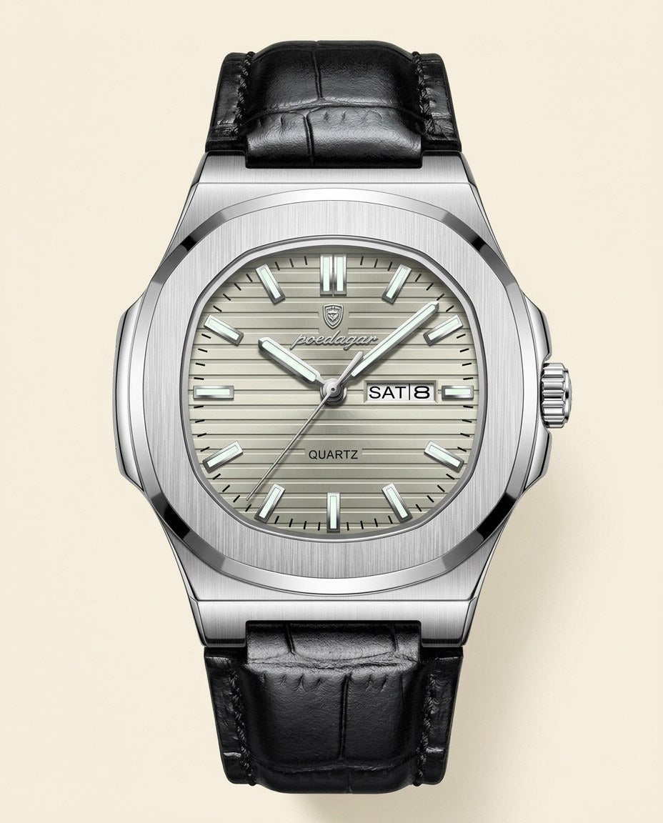 Octagon Sport Day-Date (Leather) Silver case, Grey dial front