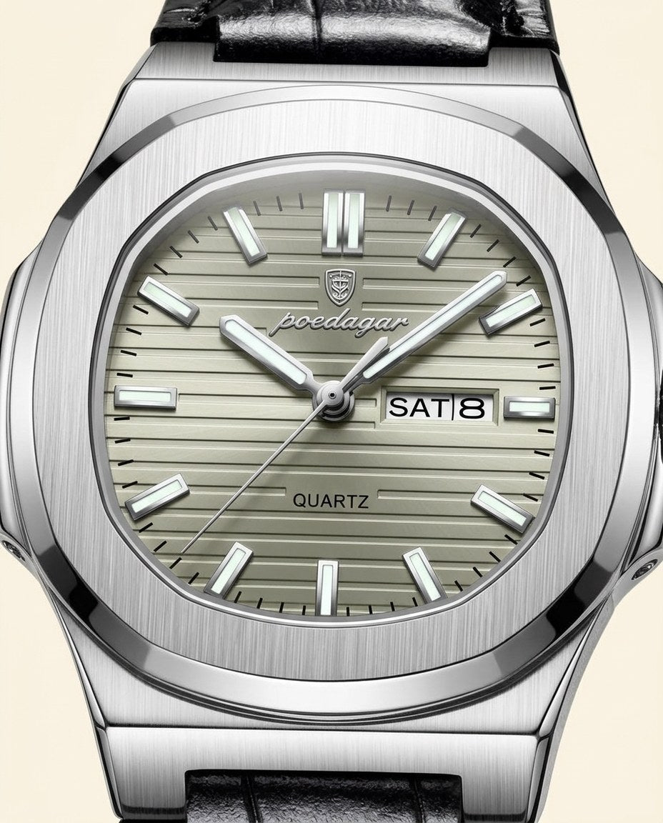 Octagon Sport Day-Date (Leather) Silver case, Grey dial dial close-up