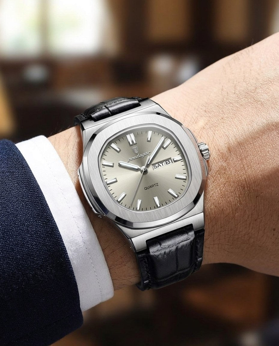 Octagon Sport Day-Date (Leather) Silver case, Grey dial on the wrist