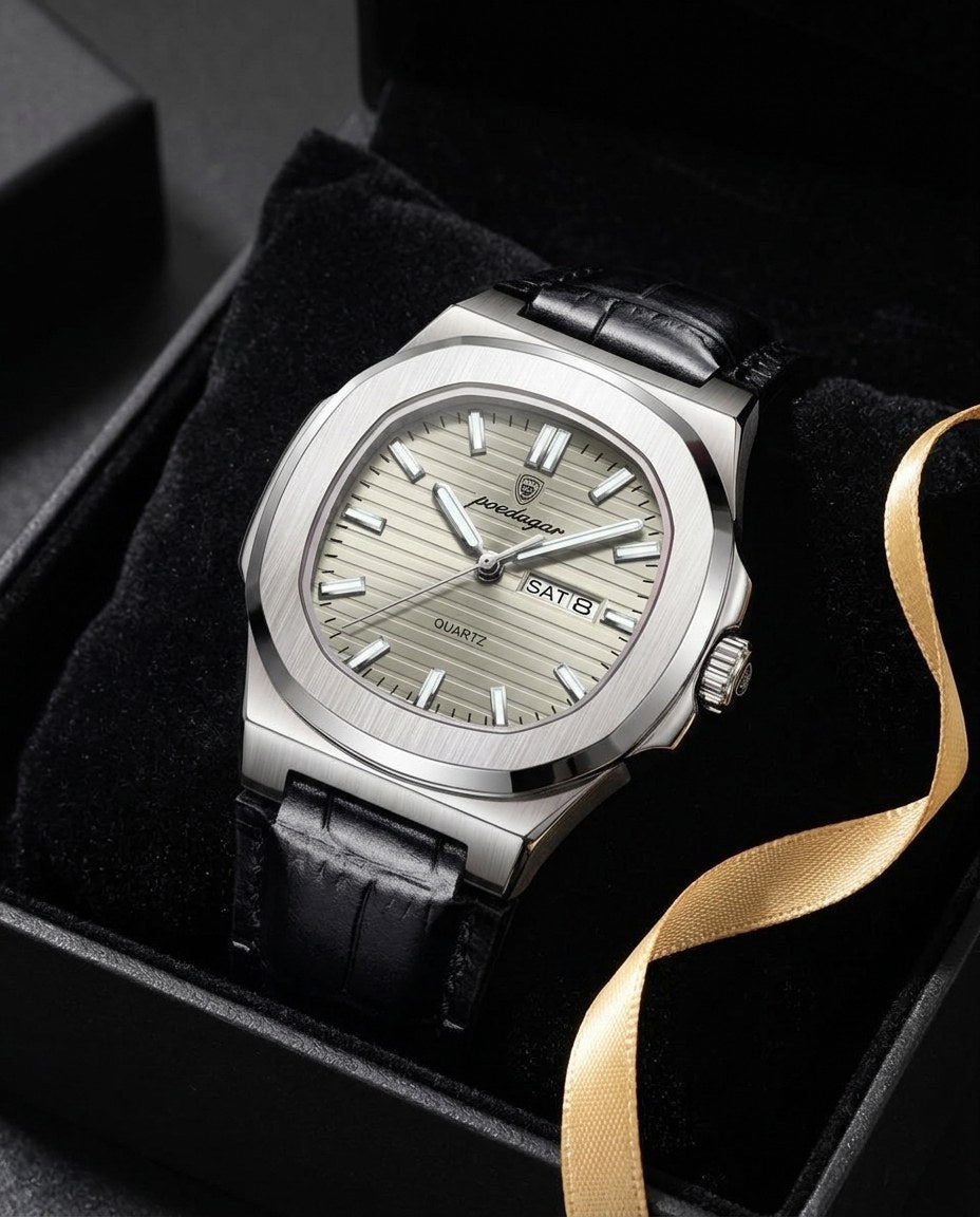 Octagon Sport Day-Date (Leather) Silver case, Grey dial in the gift box