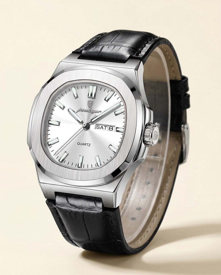 Octagon Sport Day-Date (Leather) Silver case, Black dial