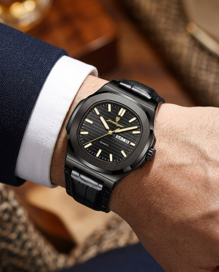 Octagon Sport Day-Date (Leather) Black case, Black dial on the wrist