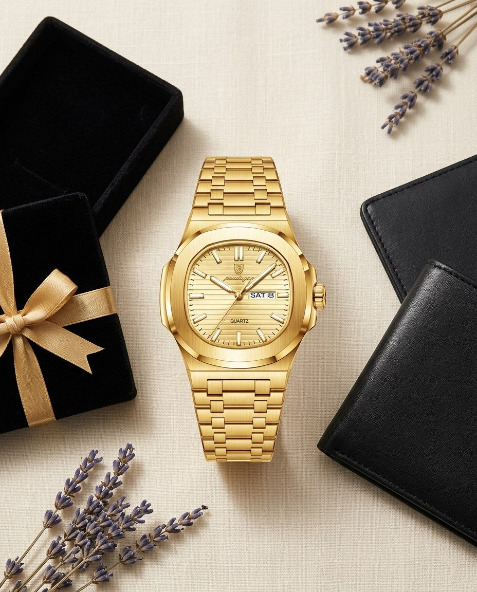 Octagon Sport Day-Date (Steel) Gold case, Gold dial flat lay