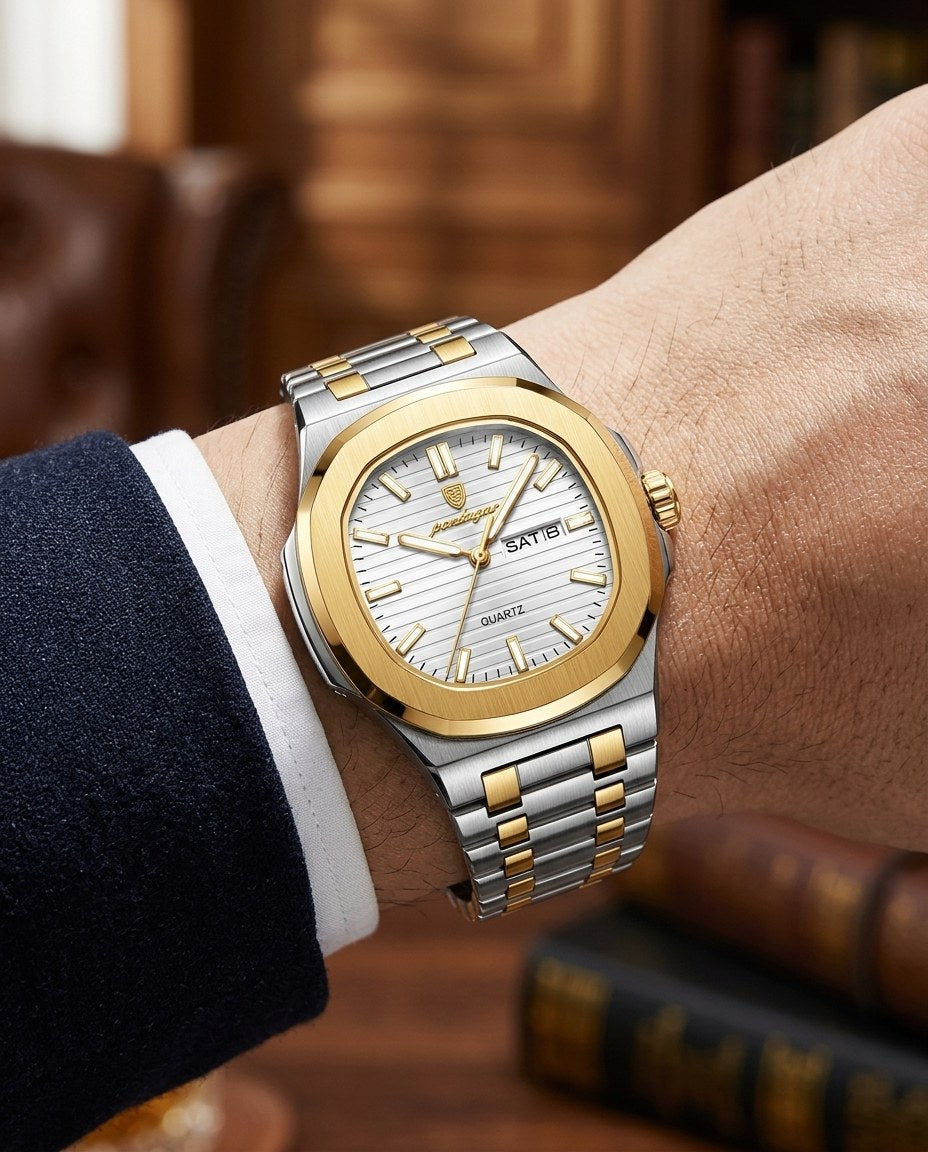 Octagon Sport Day-Date (Steel) Gold case, White dial on the wrist
