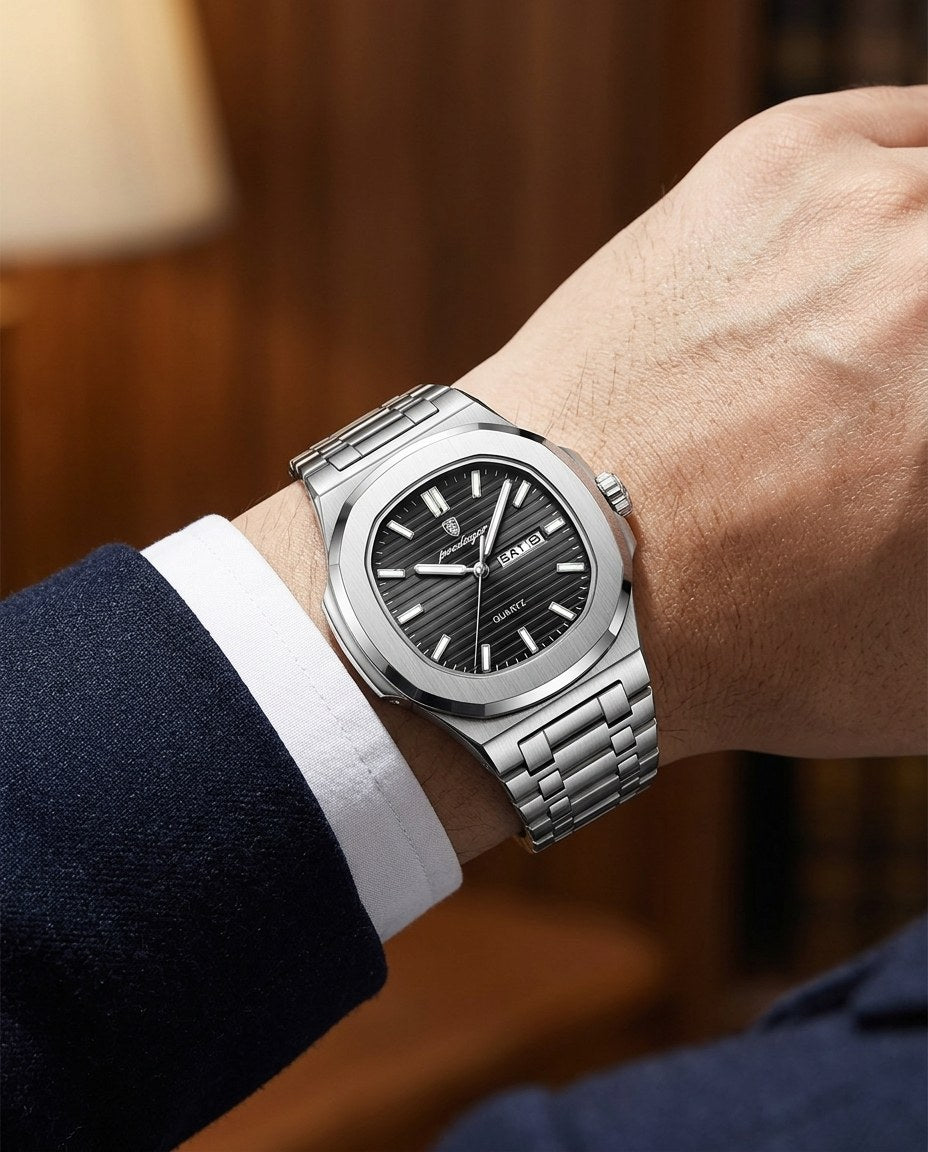 Octagon Sport Day-Date (Steel) Silver case, Black dial on the wrist