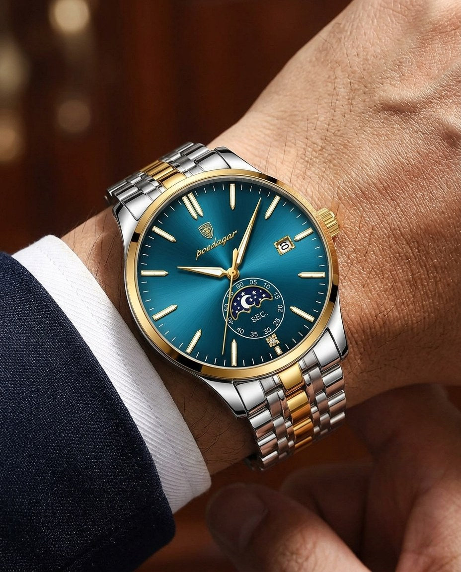 Moonphase Classic Gold case, Blue dial on the wrist