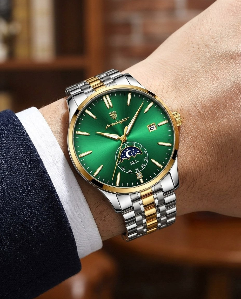 Moonphase Classic Gold case, Green dial on the wrist