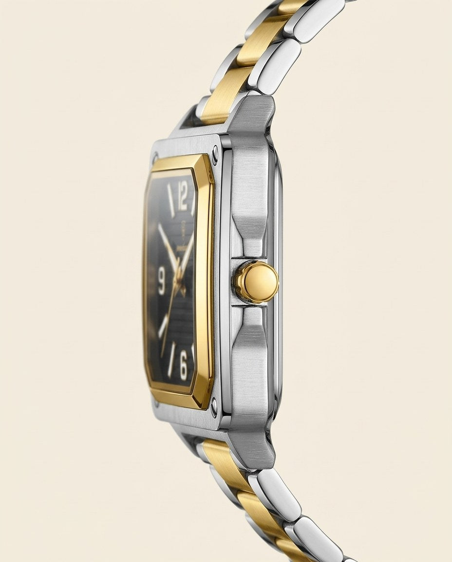 Metro Square Classic Gold case, Black dial crown side