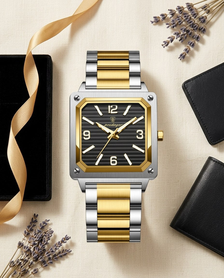 Metro Square Classic Gold case, Black dial flat lay