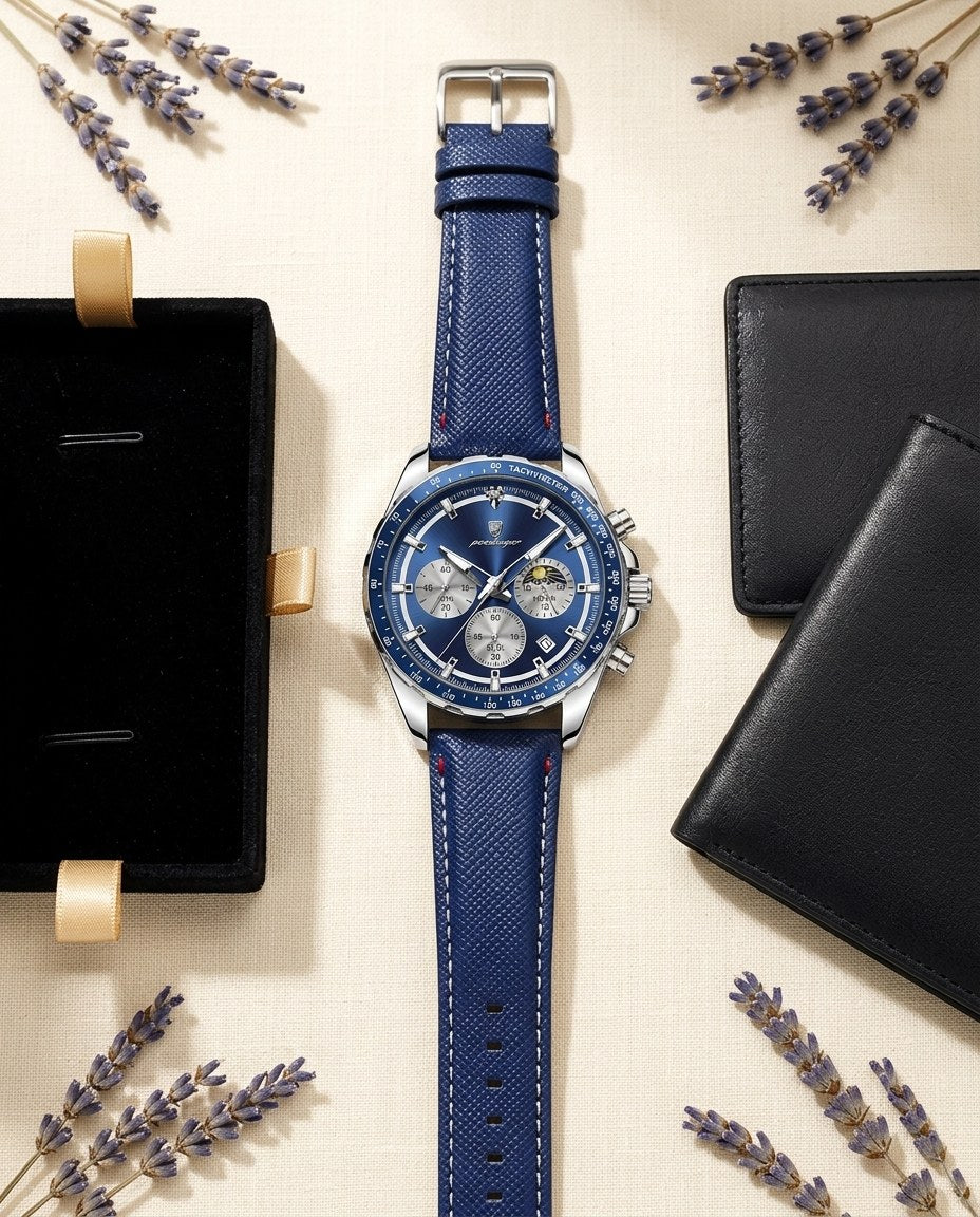Tachymeter Moonphase Chronograph Silver case, Blue dial flat lay
