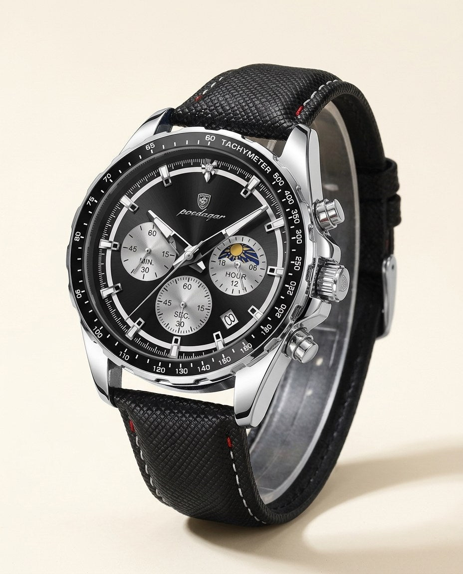Tachymeter Moonphase Chronograph Silver case, Black dial
