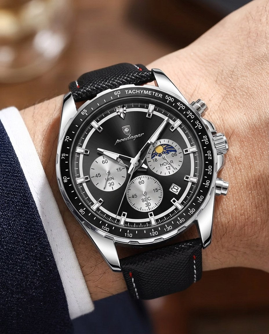 Tachymeter Moonphase Chronograph Silver case, Black dial on the wrist