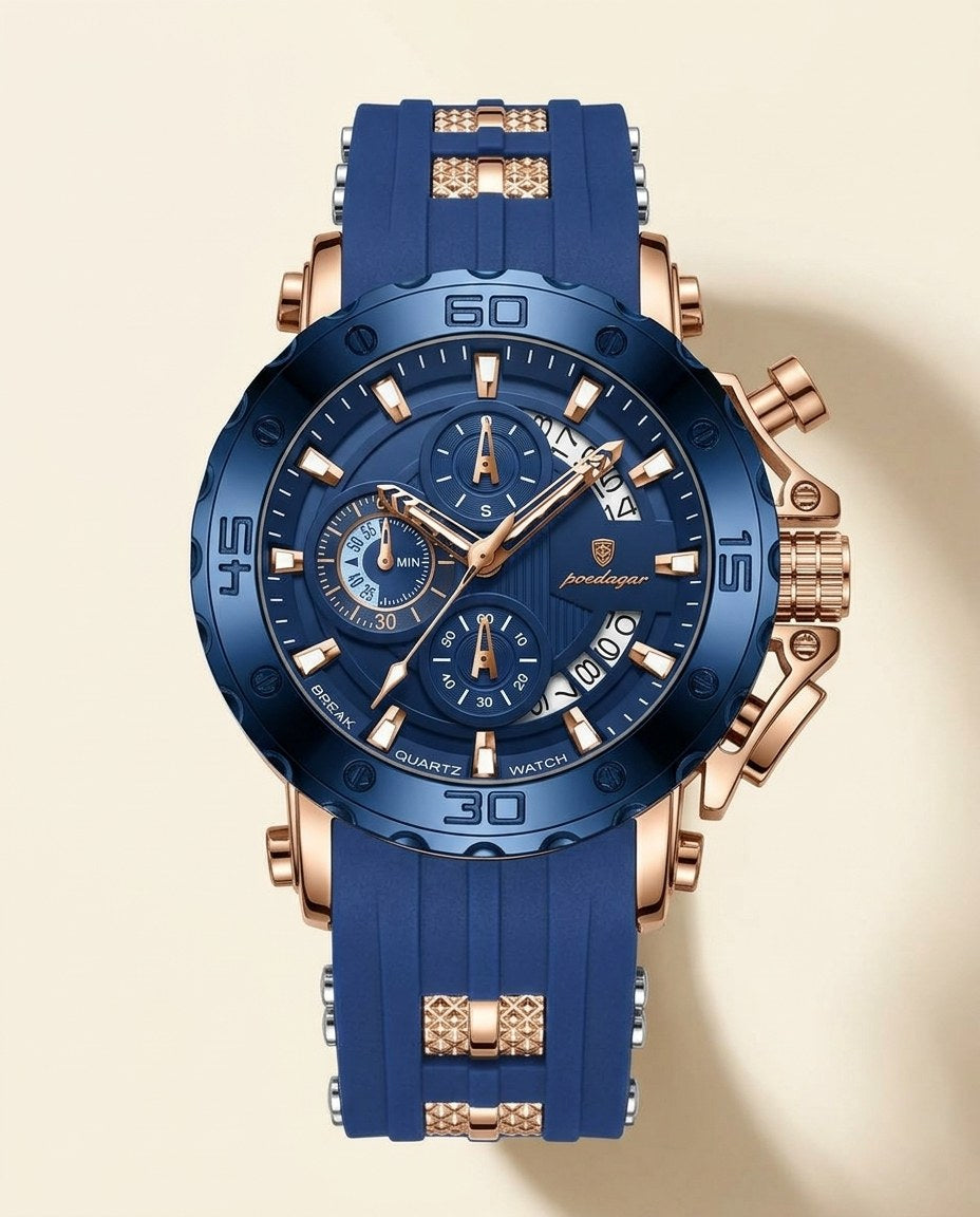 Titan Sport Chronograph (Silicone) Rose Gold case, Blue dial front