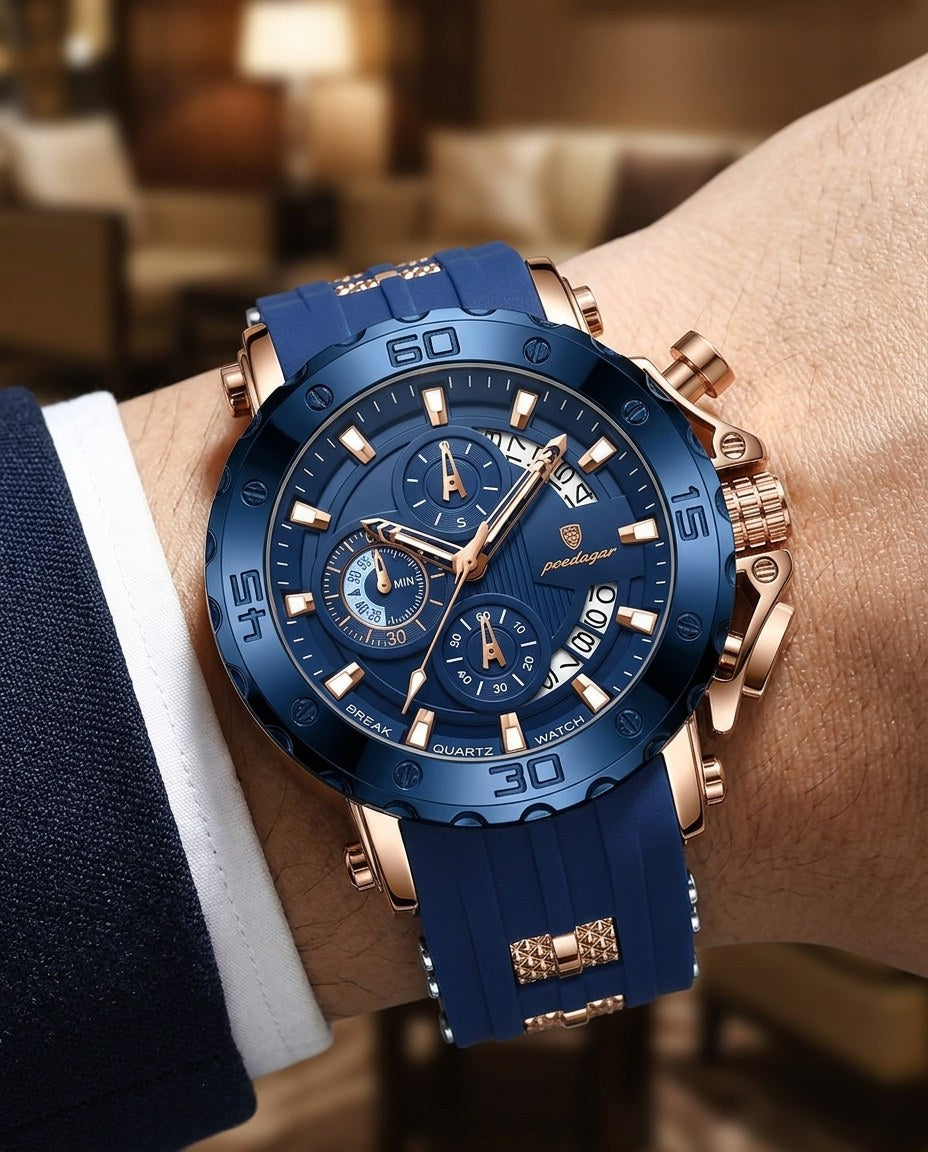 Titan Sport Chronograph (Silicone) Rose Gold case, Blue dial on the wrist