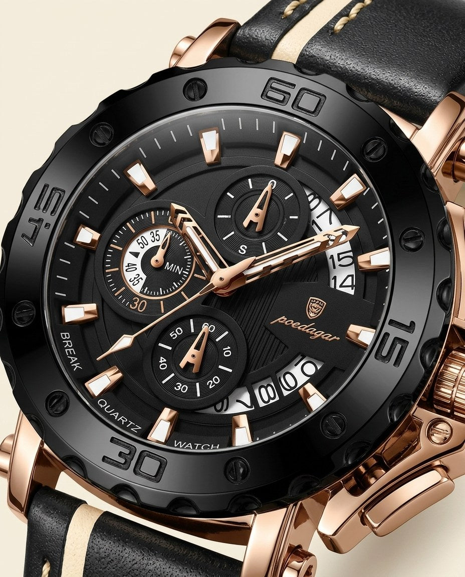 Titan Sport Chronograph (Leather) Rose Gold case, Black dial dial close-up