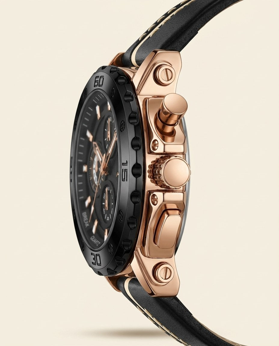 Titan Sport Chronograph (Leather) Rose Gold case, Black dial crown side