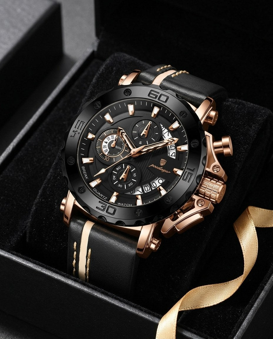 Titan Sport Chronograph (Leather) Rose Gold case, Black dial in the gift box