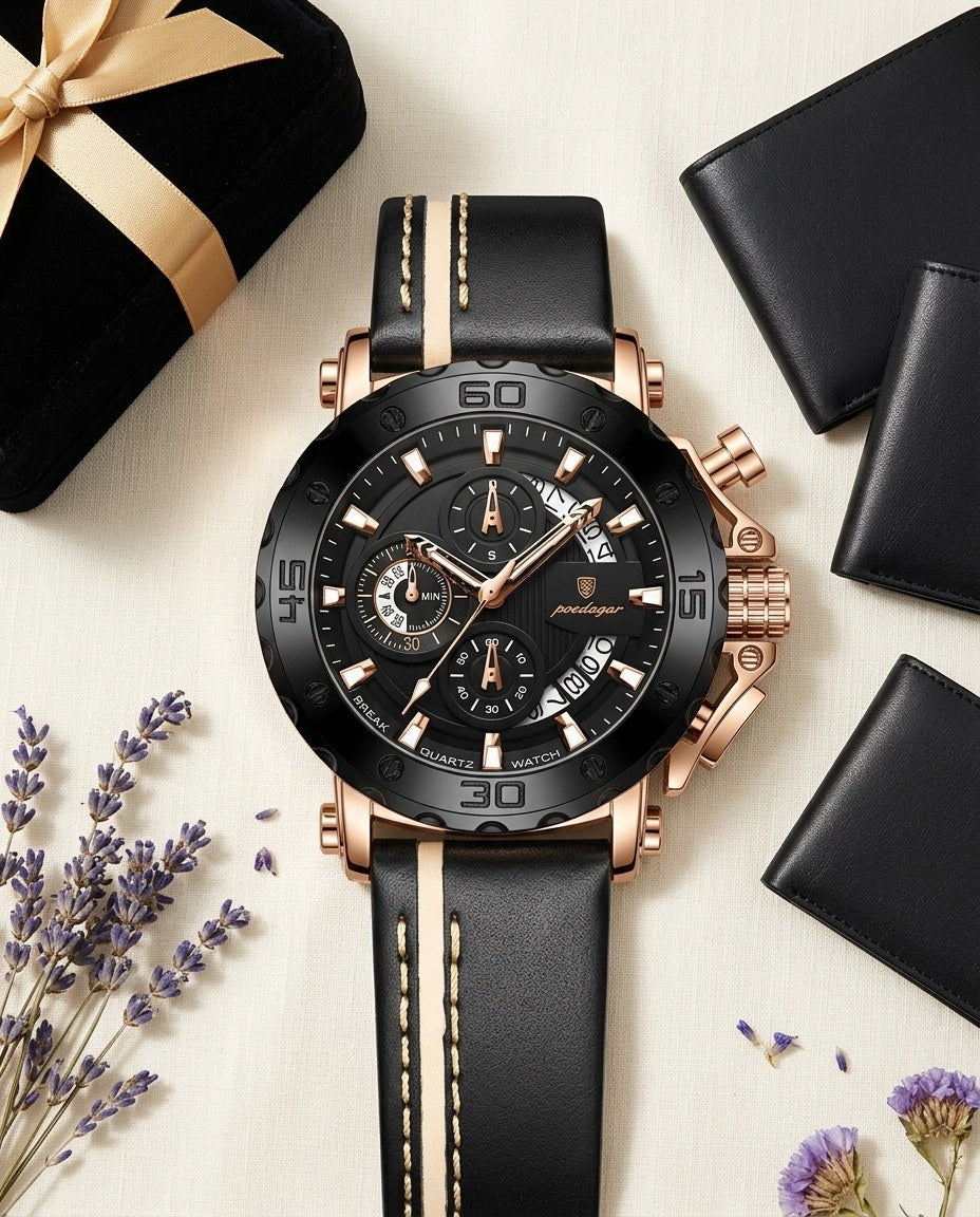 Titan Sport Chronograph (Leather) Rose Gold case, Black dial flat lay