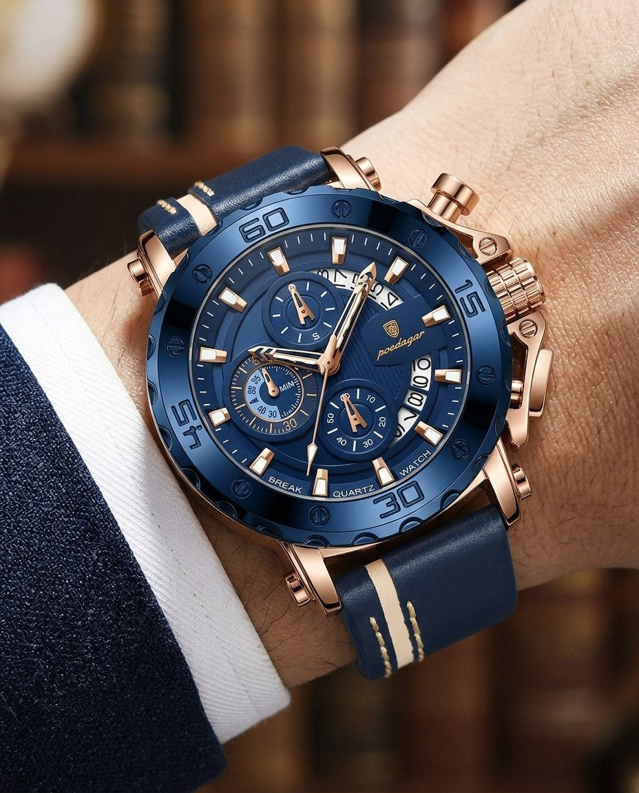 Titan Sport Chronograph (Leather) Rose Gold case, Blue dial on the wrist