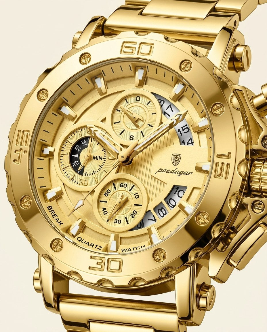 Titan Sport Chronograph (Steel Mesh) Gold case, Gold dial dial close-up