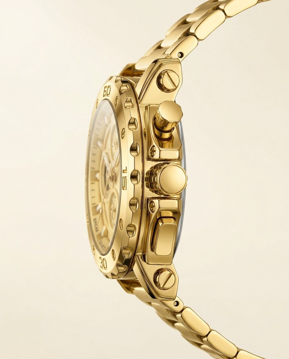 Titan Sport Chronograph (Steel Mesh) Gold case, Gold dial crown side