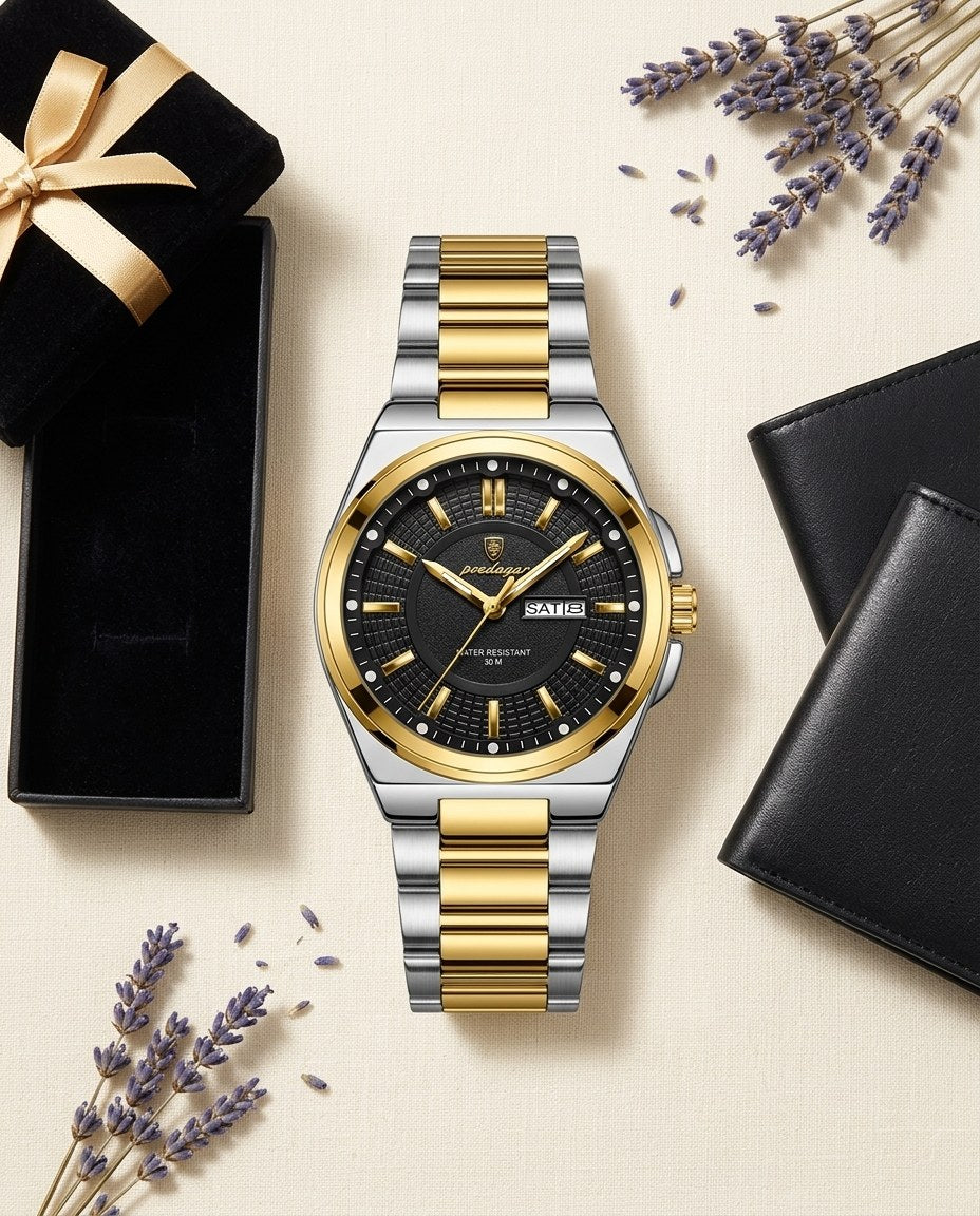 Executive Day-Date Gold case, Black dial flat lay