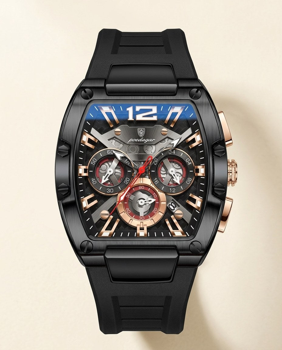 Tonneau Skeleton Sport Black case, Black dial front