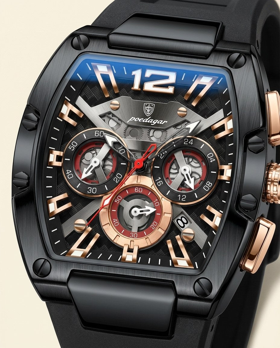 Tonneau Skeleton Sport Black case, Black dial dial close-up